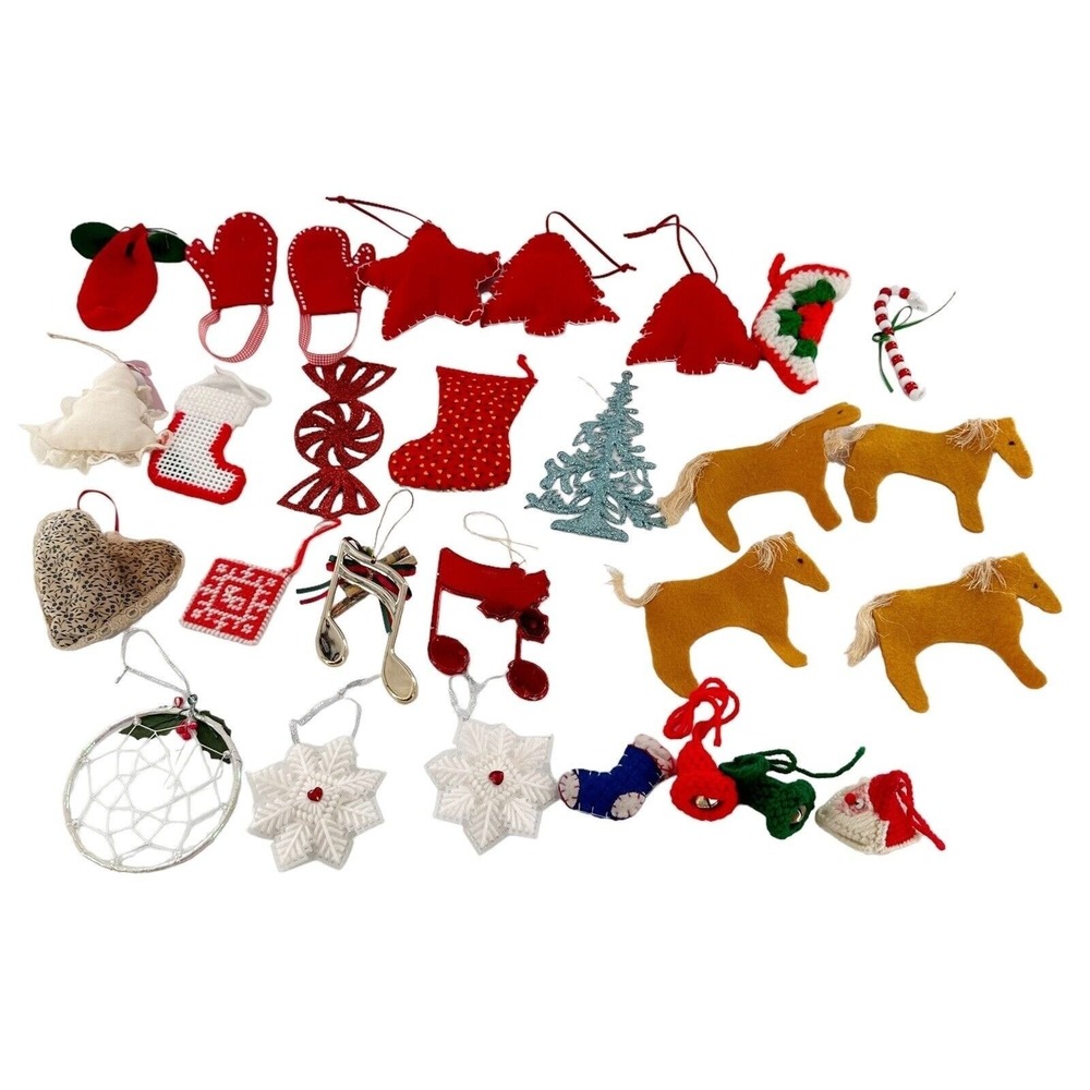 Vintage Lot Of 28 Handmade Christmas Ornaments Cloth Yarn Bells Retro Holiday